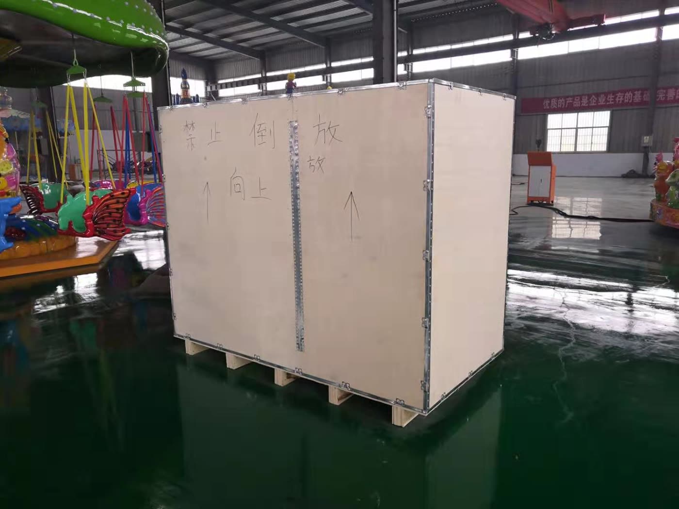 Mechanical bull packed in a wooden case with shipping marks